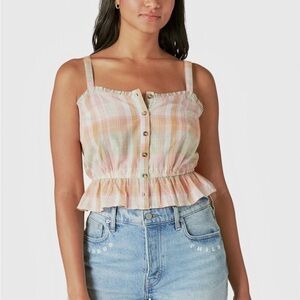 Lucky Brand Peach Plaid Print Ruffled Button Front Cotton Tank Top Size XL NWT